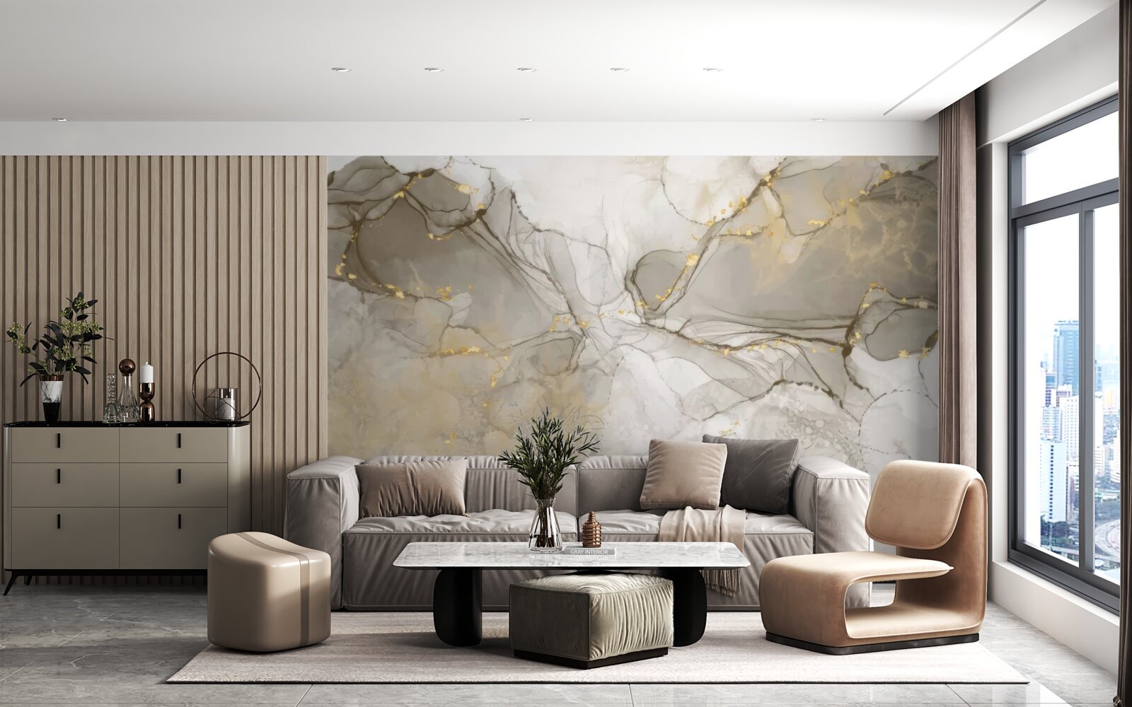 Fototapeta biela a sivá s pozláteným mramorom