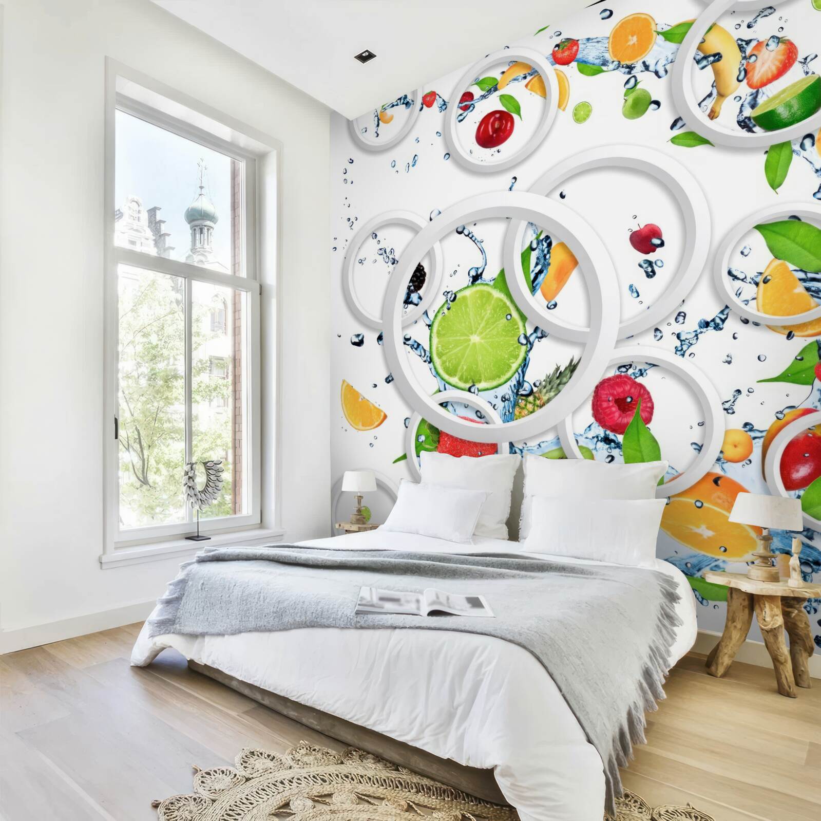 Fototapeta biele kruhy a nakrájané ovocie