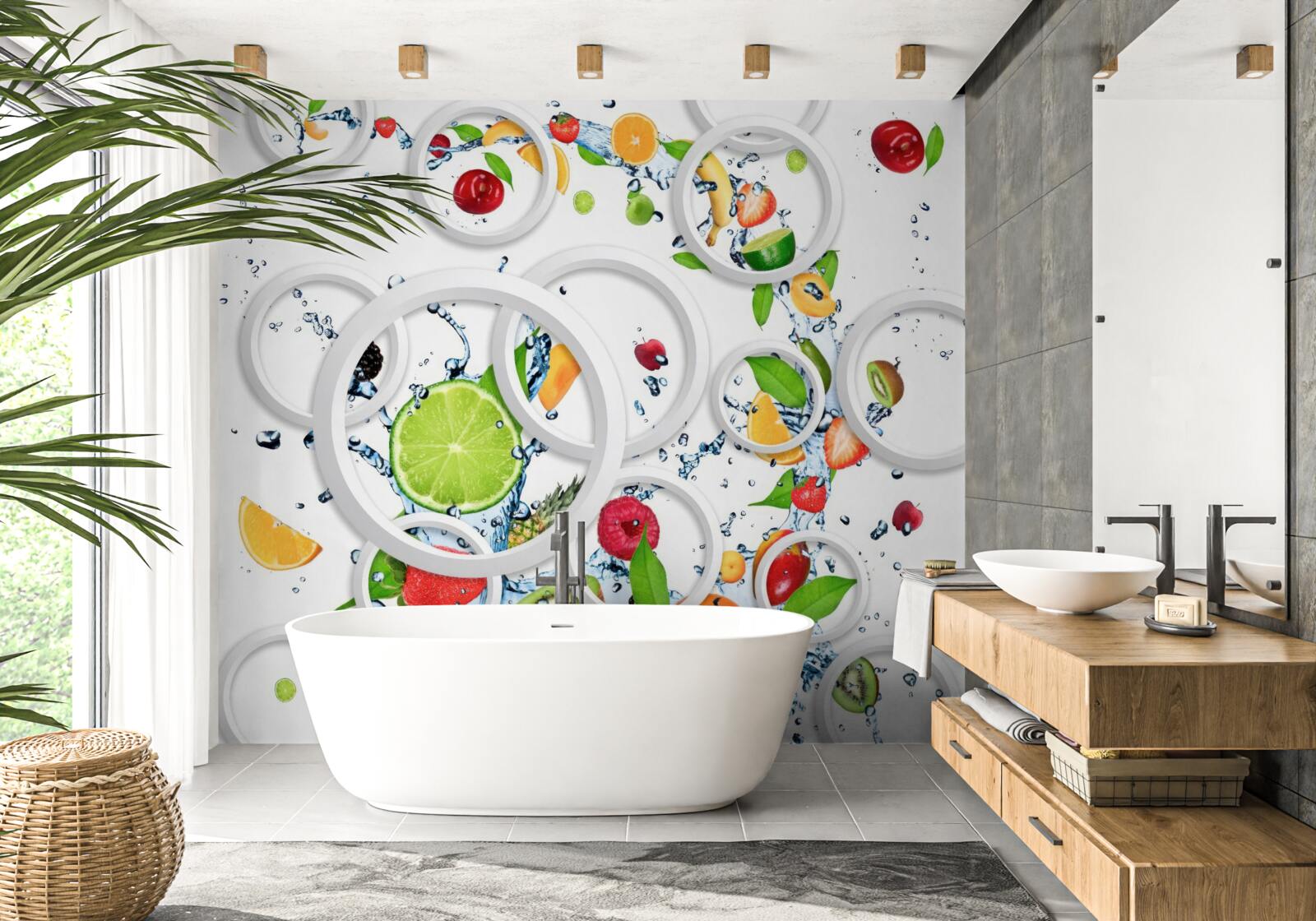 Fototapeta biele kruhy a nakrájané ovocie