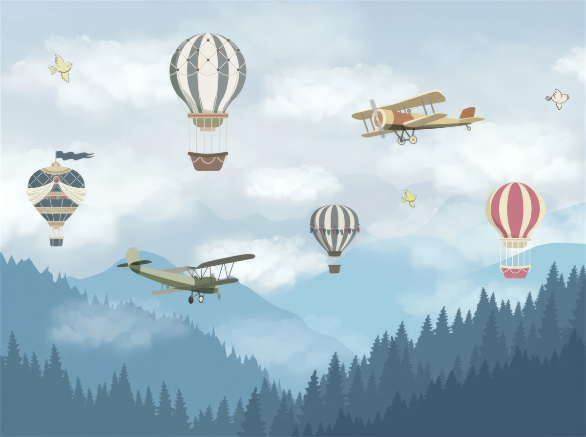 Fototapeta ponad vrcholky hôr lietajú balóny a lietadlá