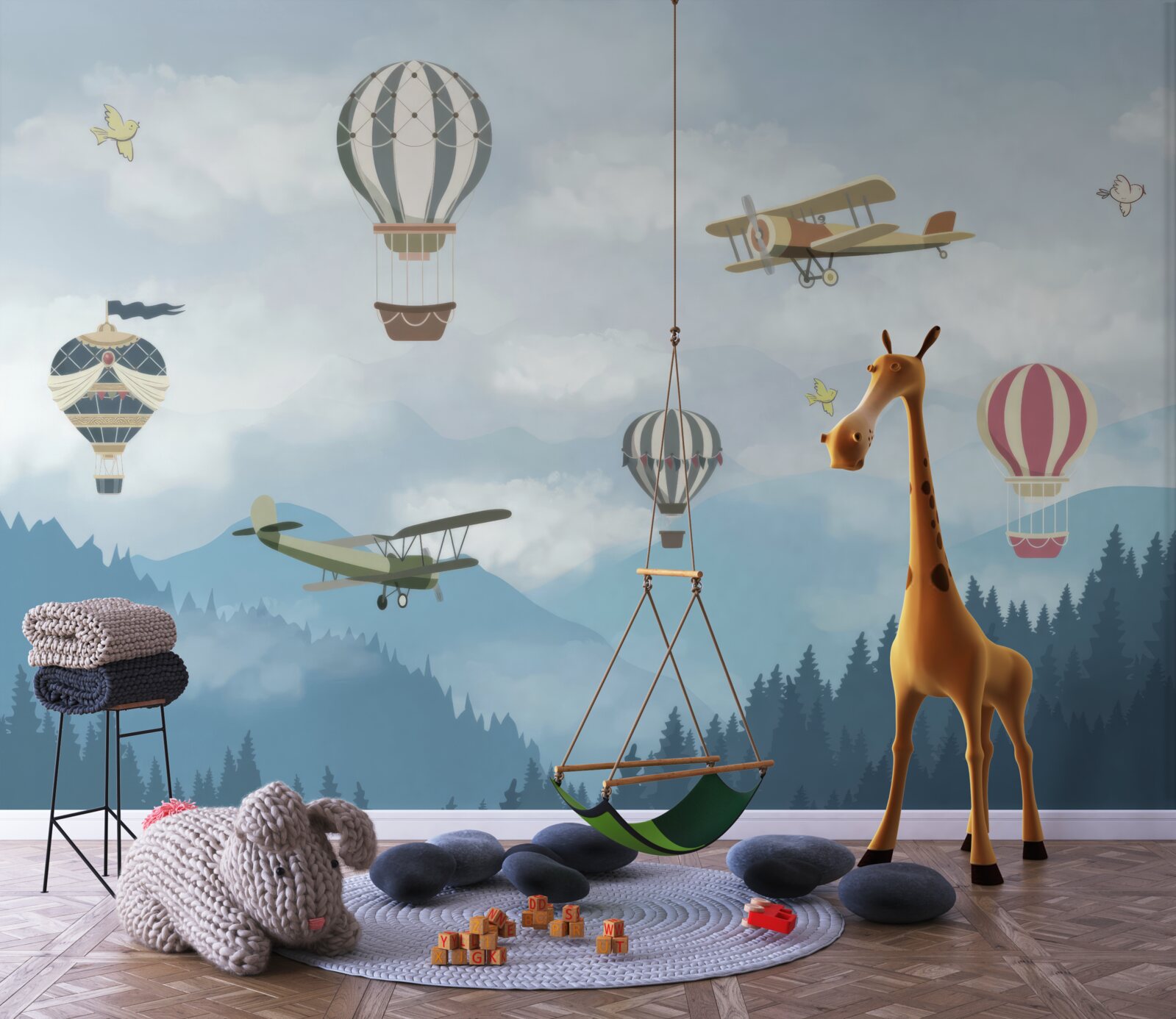 Fototapeta ponad vrcholky hôr lietajú balóny a lietadlá