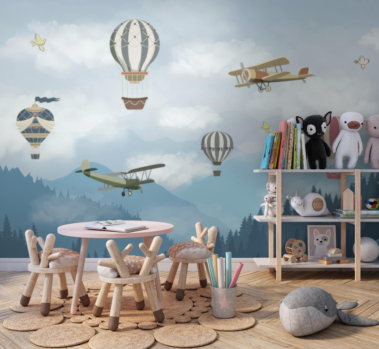 Fototapeta ponad vrcholky hôr lietajú balóny a lietadlá