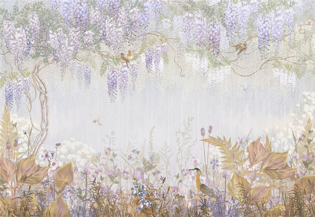 Fototapeta strom s vtákmi a fialovými kvetmi