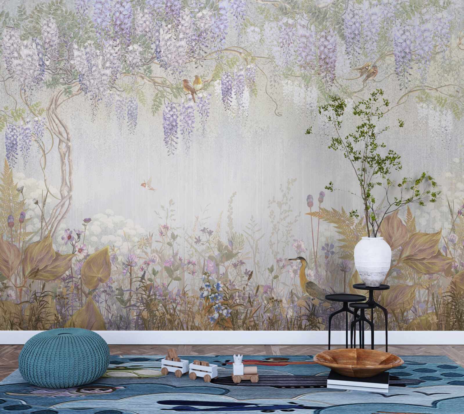 Fototapeta strom s vtákmi a fialovými kvetmi