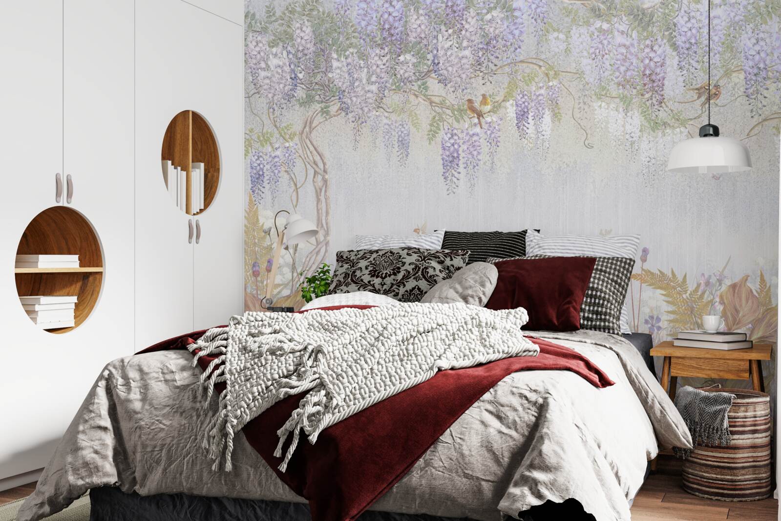 Fototapeta strom s vtákmi a fialovými kvetmi