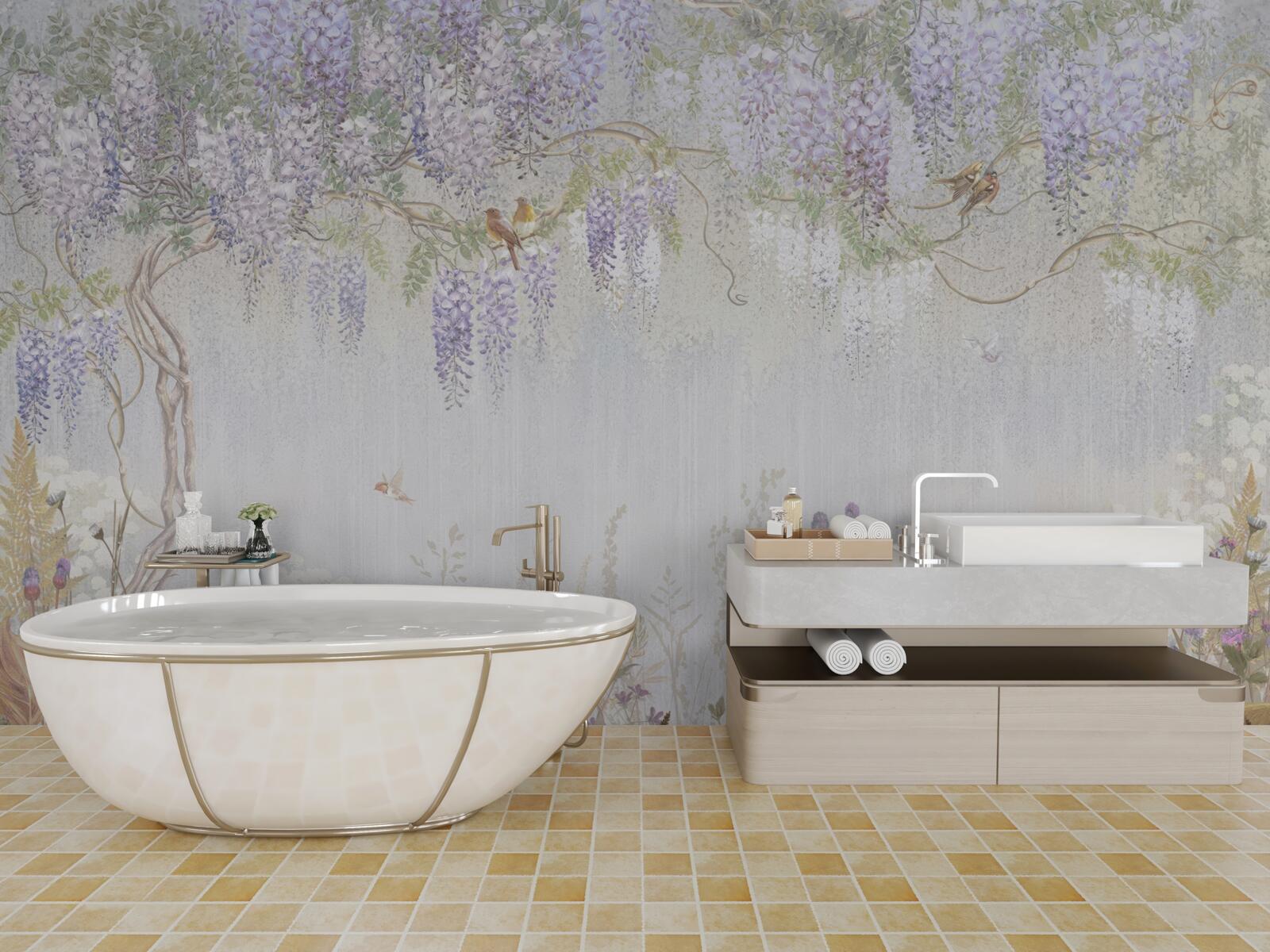 Fototapeta strom s vtákmi a fialovými kvetmi