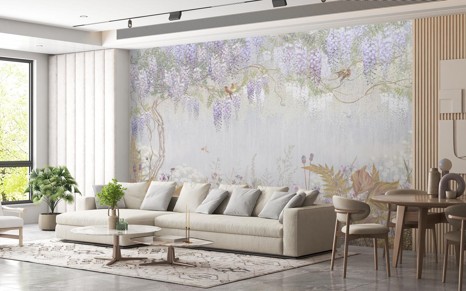 Fototapeta strom s vtákmi a fialovými kvetmi