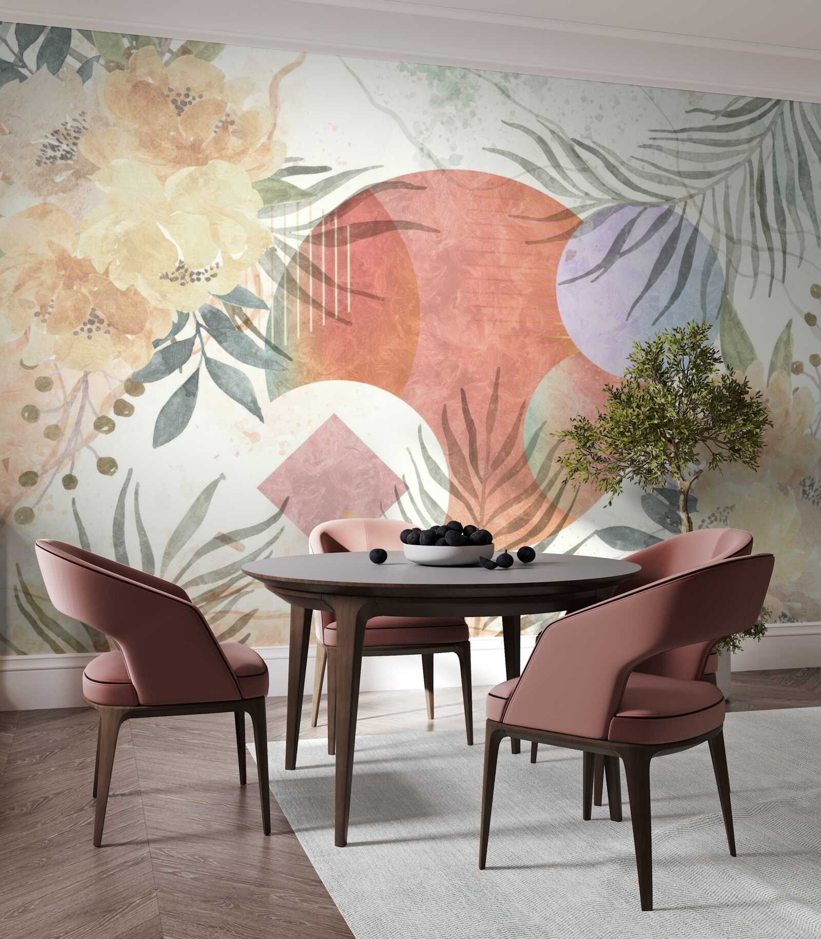 Fototapeta pozadie s vegetáciou, kvetmi a geometrickými tvarmi