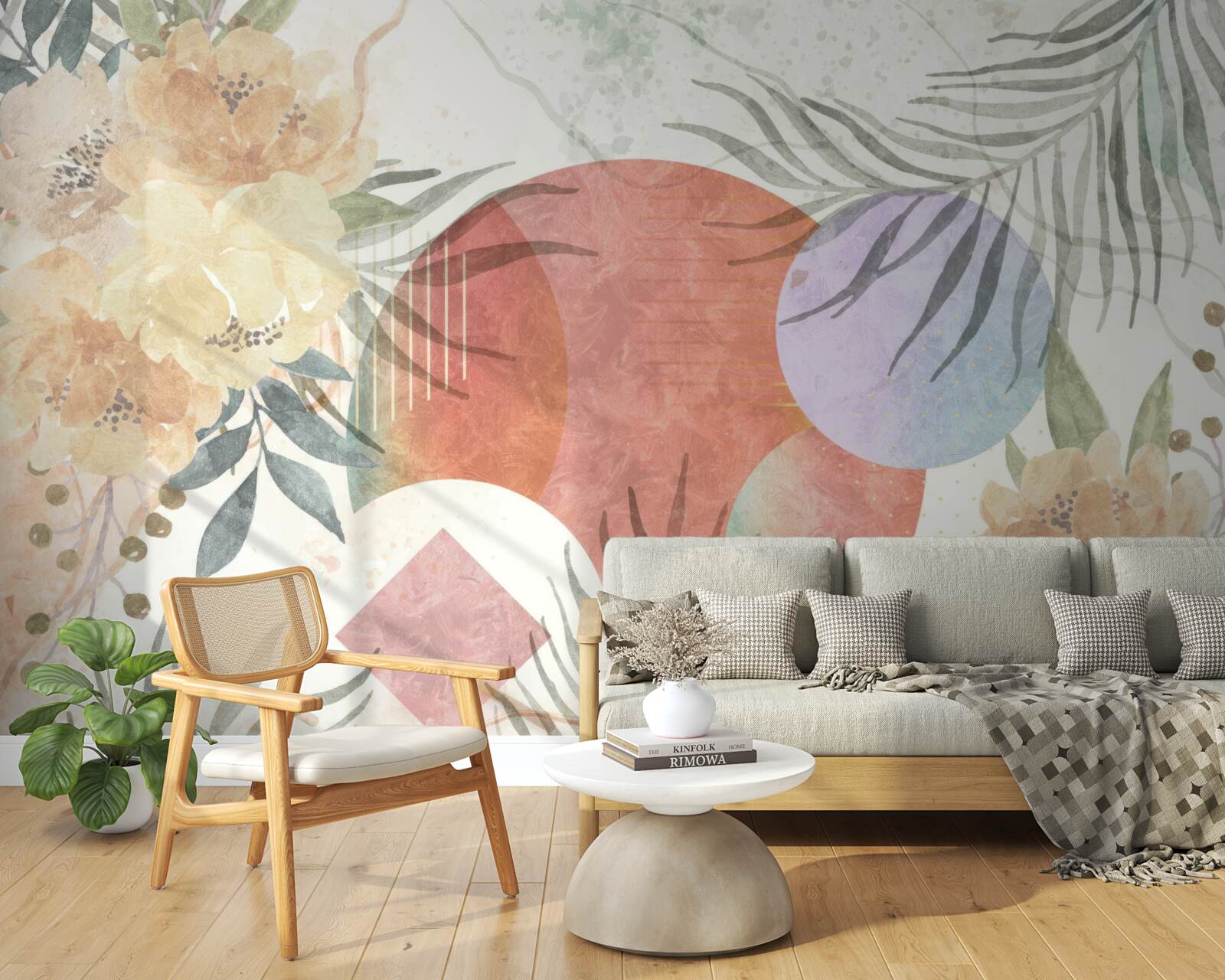 Fototapeta pozadie s vegetáciou, kvetmi a geometrickými tvarmi