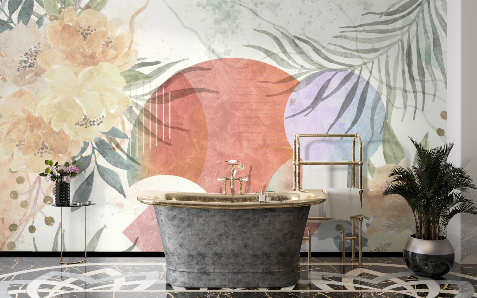 Fototapeta pozadie s vegetáciou, kvetmi a geometrickými tvarmi