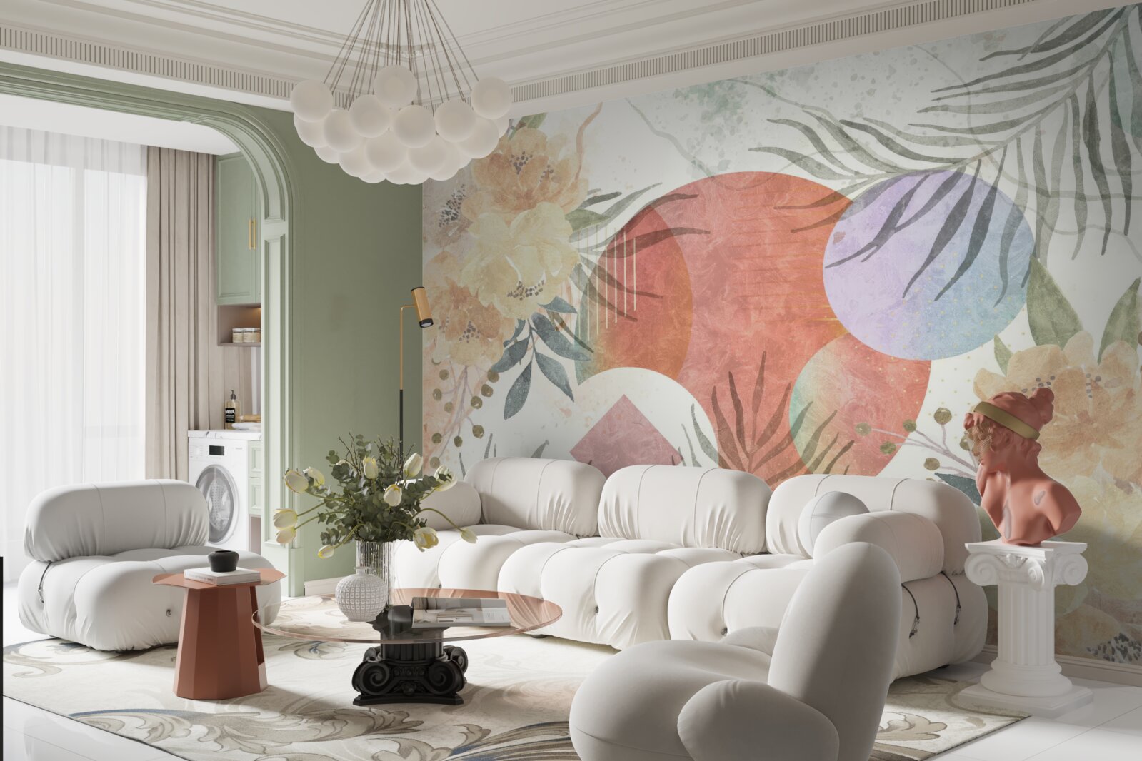 Fototapeta pozadie s vegetáciou, kvetmi a geometrickými tvarmi