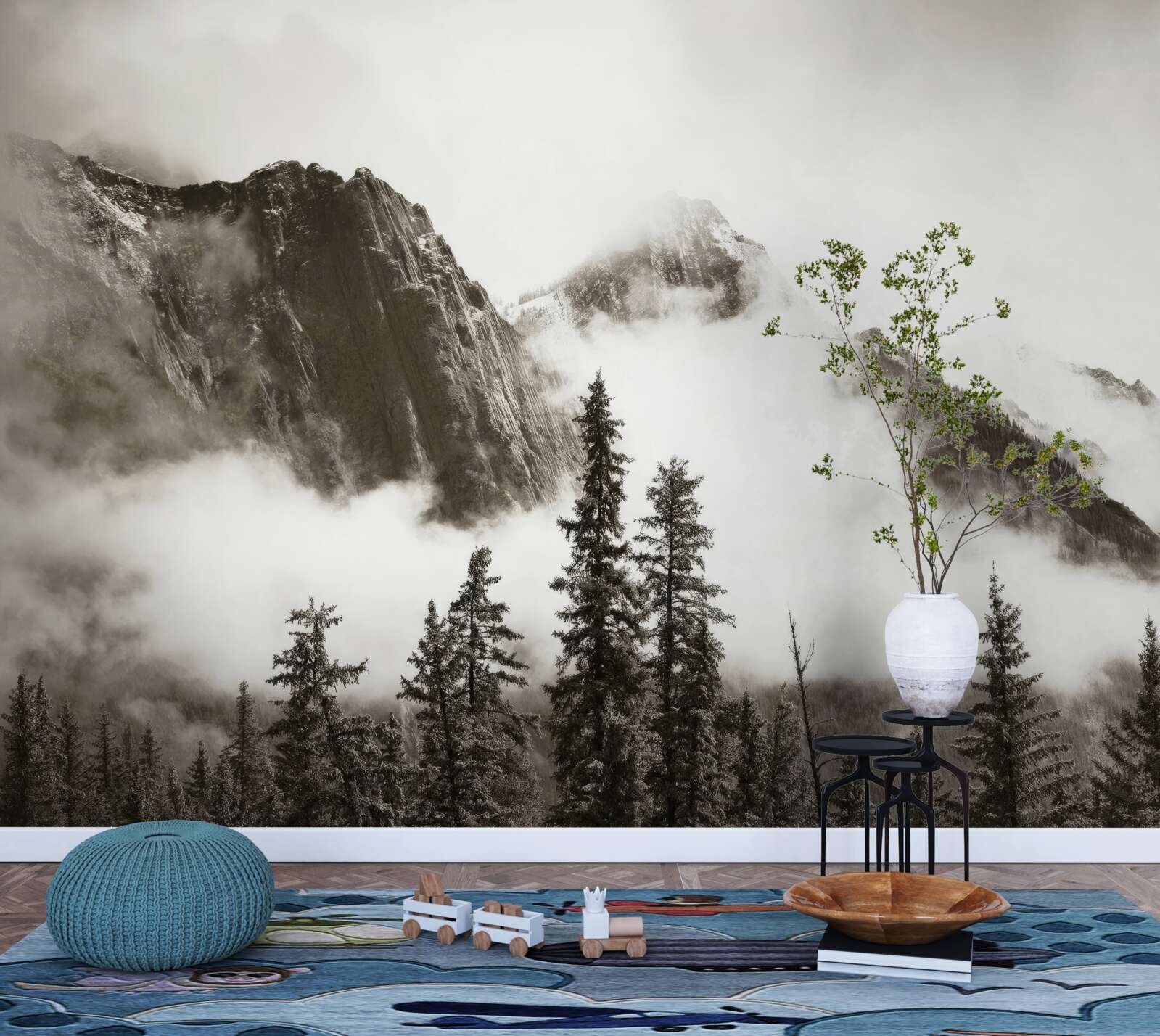 Fototapeta hory v čiernej a bielej farbe, zahalené v hmle