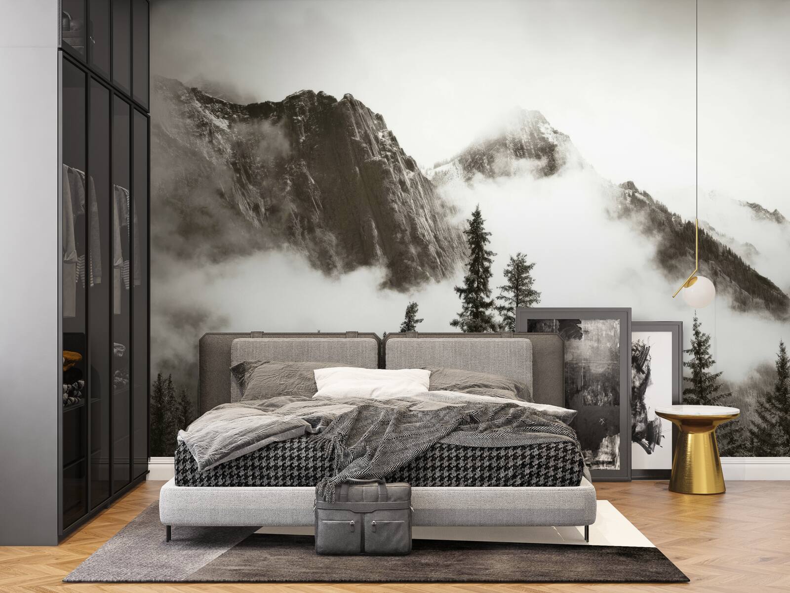 Fototapeta hory v čiernej a bielej farbe, zahalené v hmle