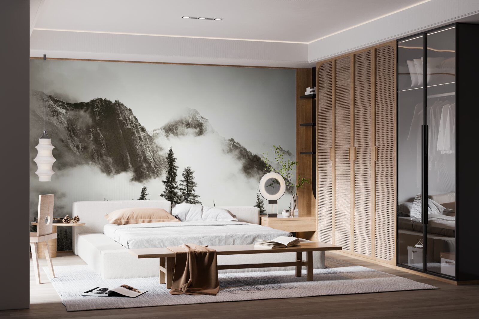 Fototapeta hory v čiernej a bielej farbe, zahalené v hmle