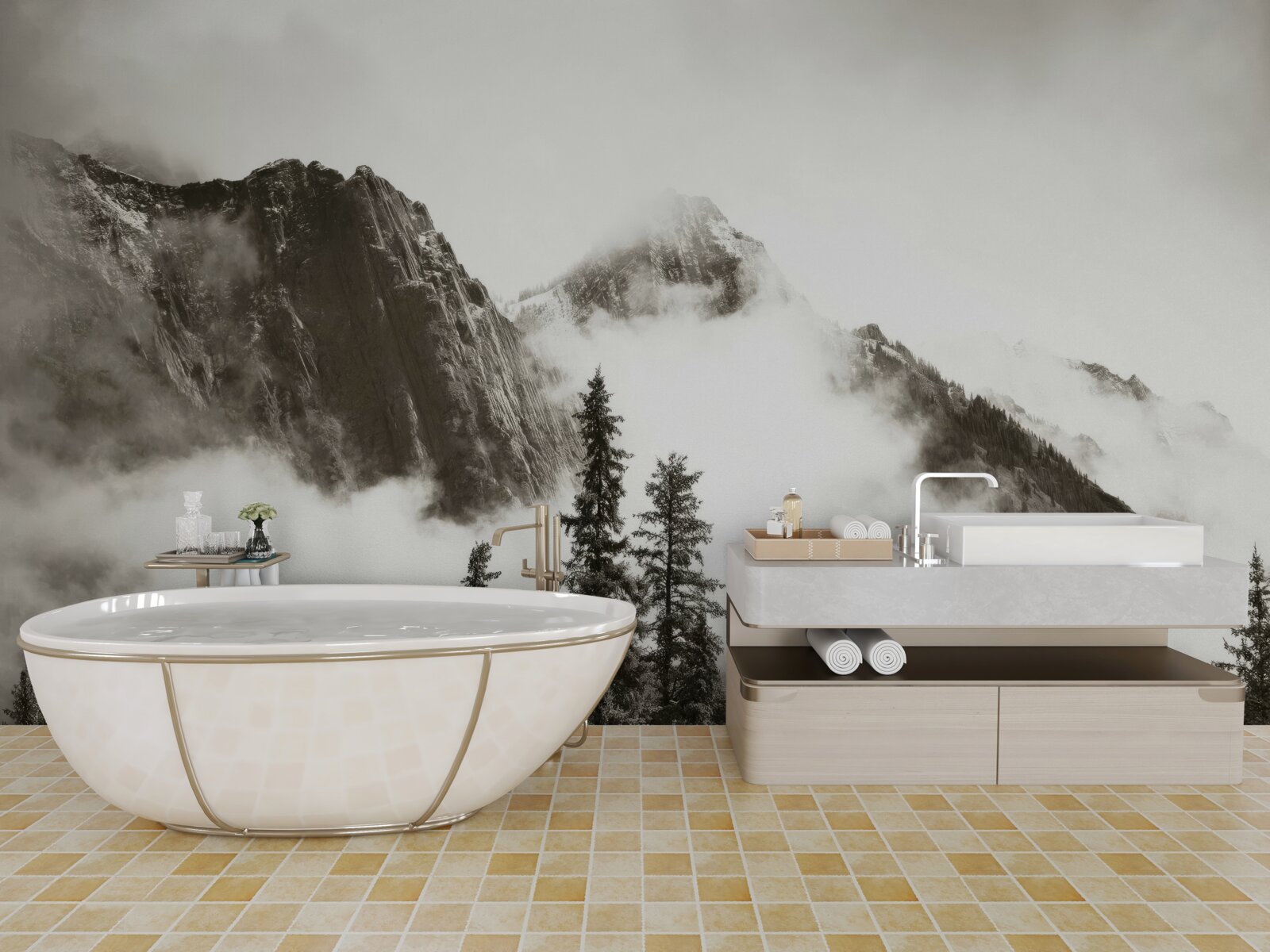 Fototapeta hory v čiernej a bielej farbe, zahalené v hmle