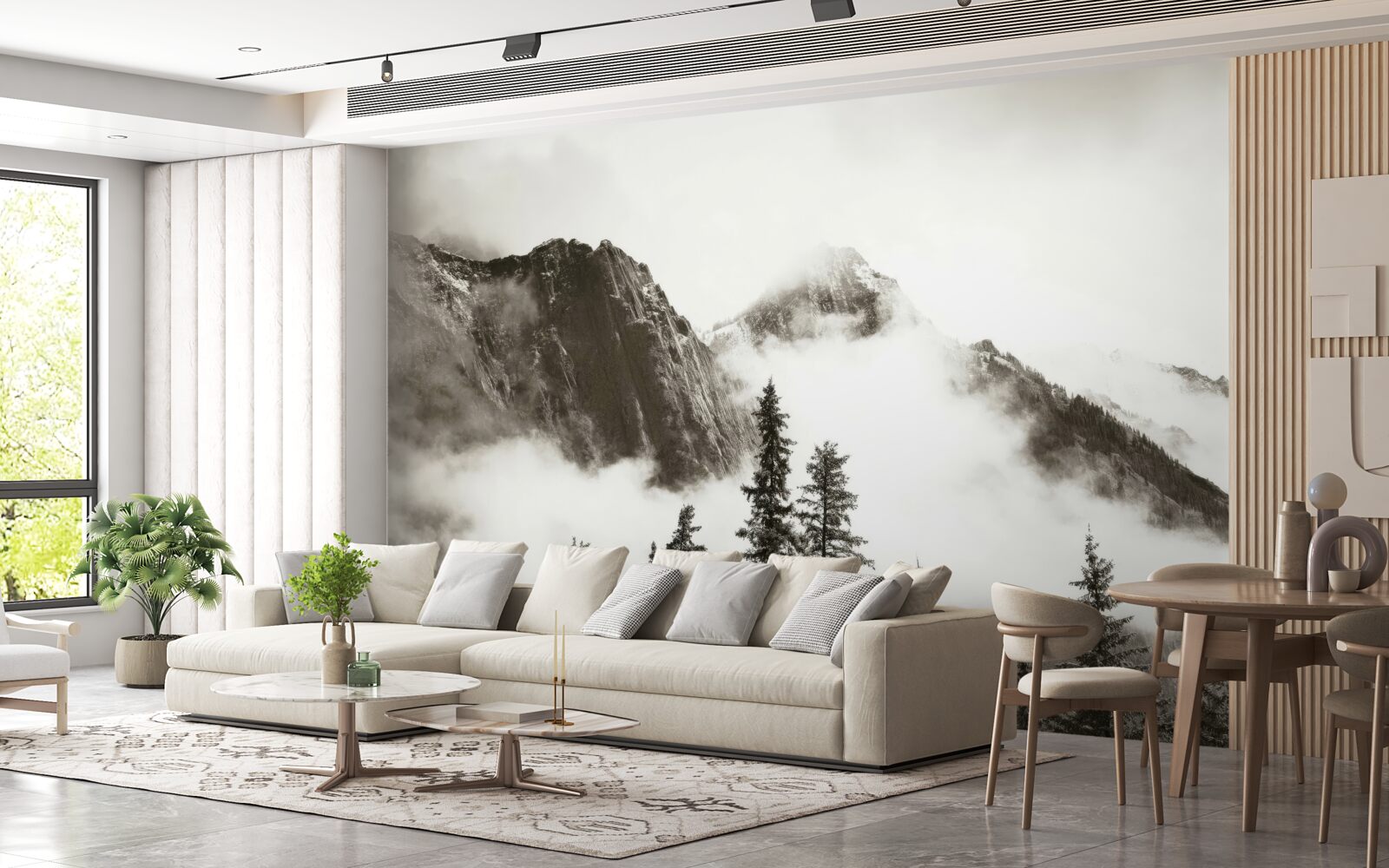 Fototapeta hory v čiernej a bielej farbe, zahalené v hmle