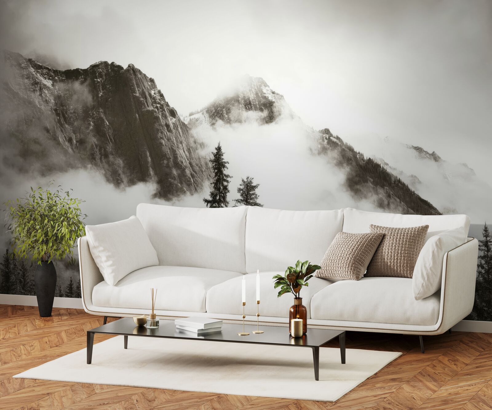 Fototapeta hory v čiernej a bielej farbe, zahalené v hmle