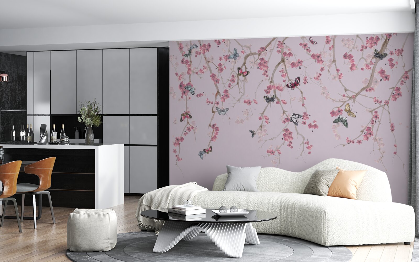 Fototapeta konáre s ružovými kvetmi a motýľmi