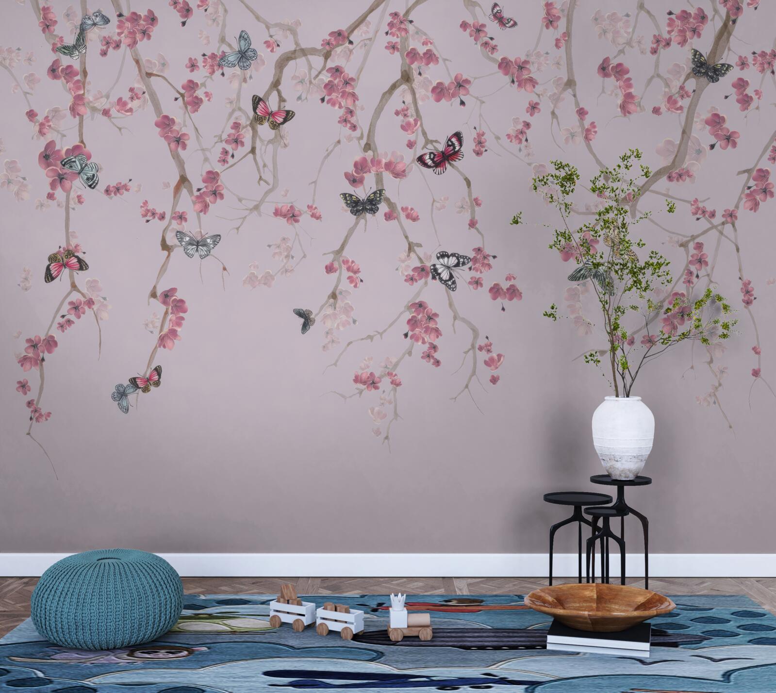 Fototapeta konáre s ružovými kvetmi a motýľmi