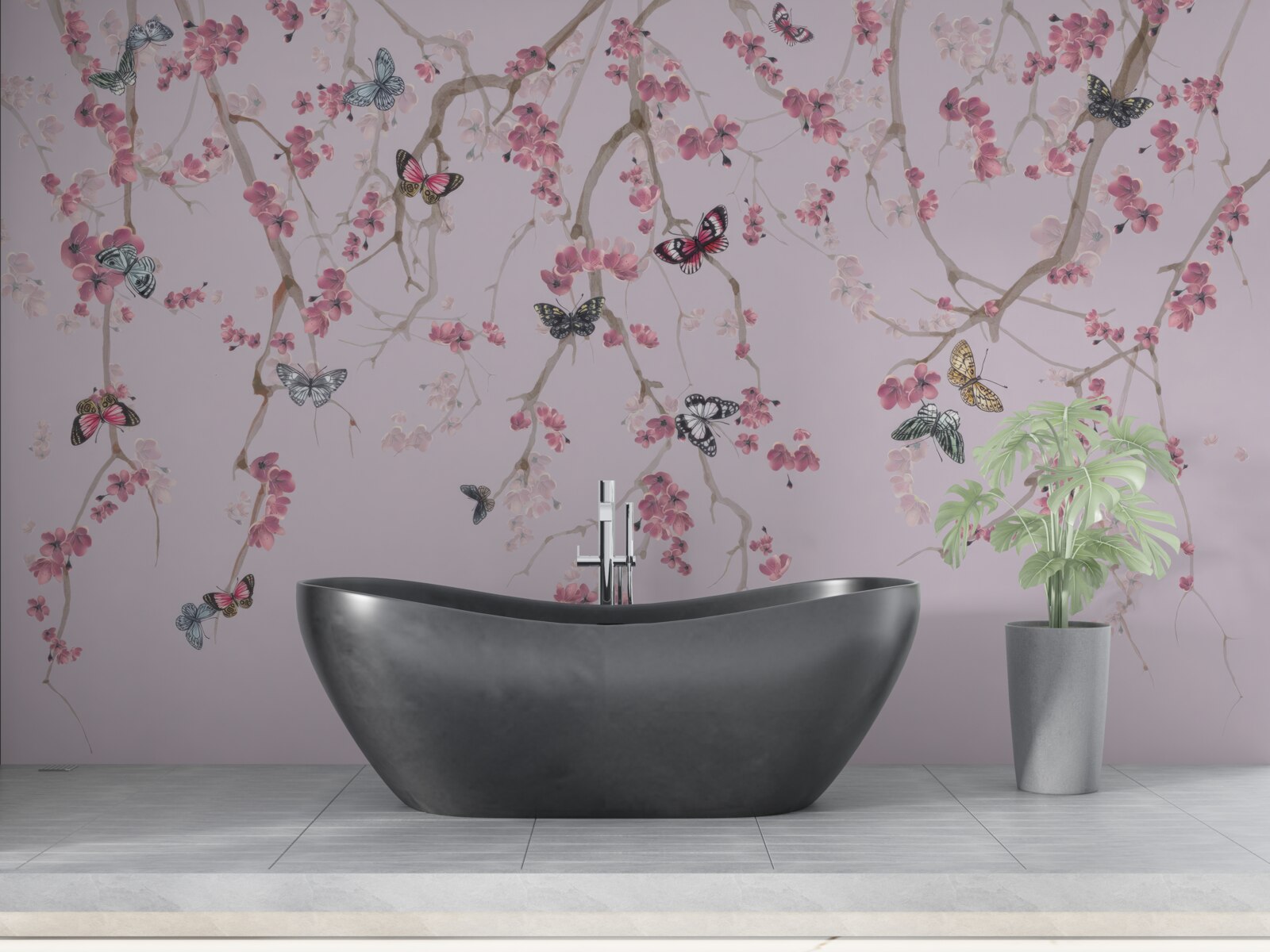 Fototapeta konáre s ružovými kvetmi a motýľmi