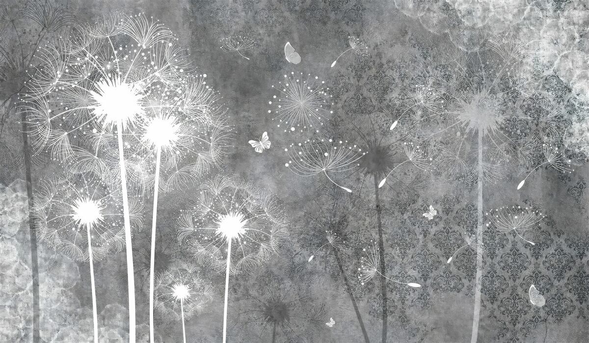 Fototapeta biele siluety púpav na sivom podklade