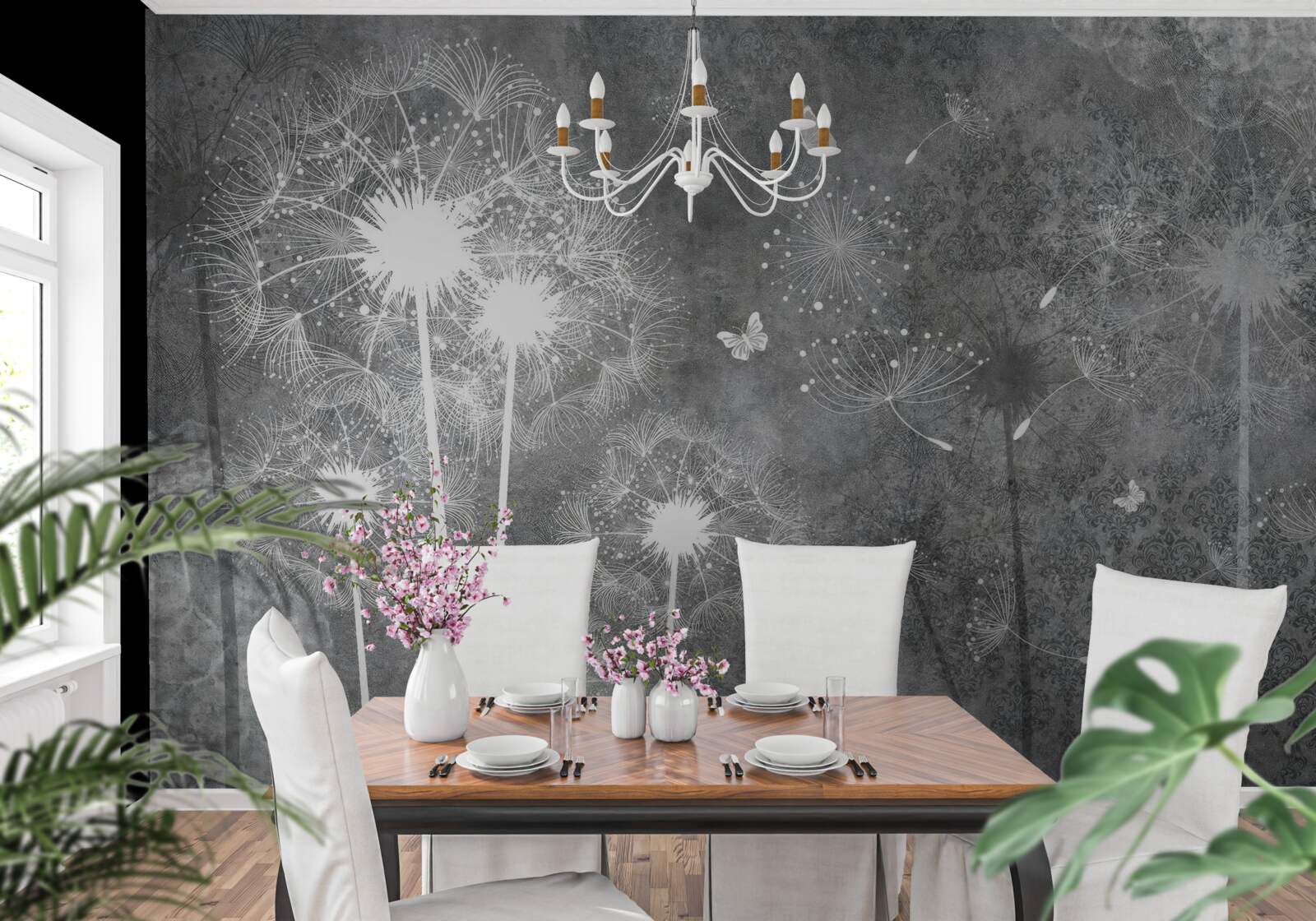 Fototapeta biele siluety púpav na sivom podklade