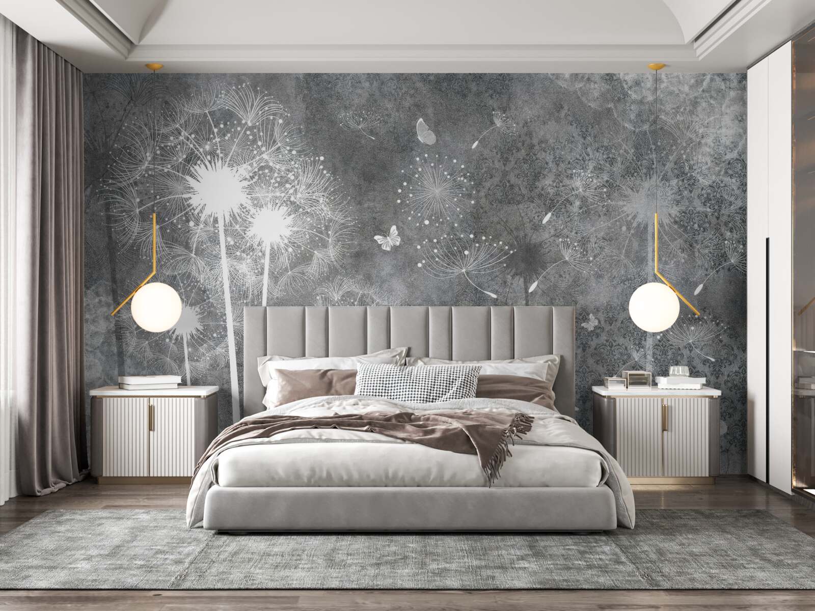 Fototapeta biele siluety púpav na sivom podklade