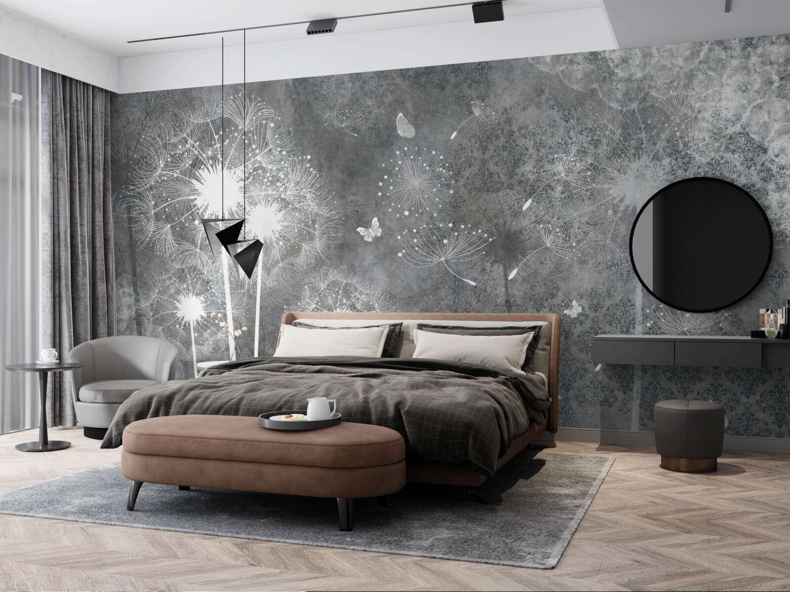 Fototapeta biele siluety púpav na sivom podklade