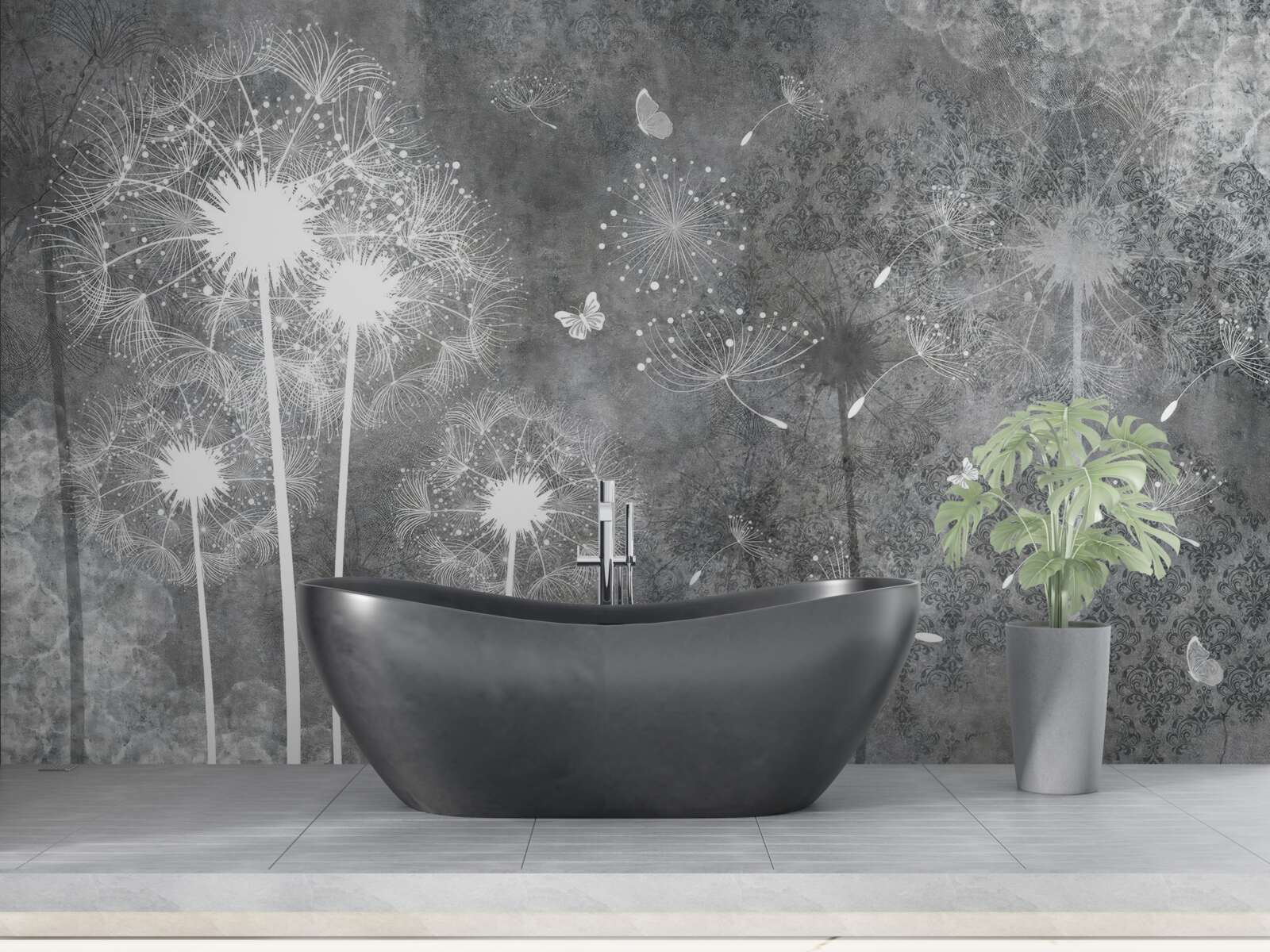 Fototapeta biele siluety púpav na sivom podklade