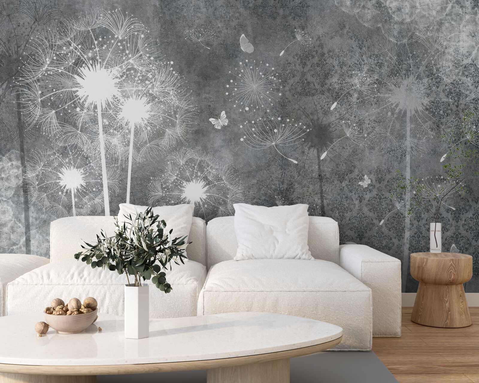 Fototapeta biele siluety púpav na sivom podklade