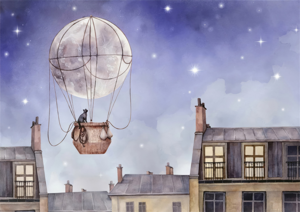Fototapeta mačka lieta ponad domy v balóne