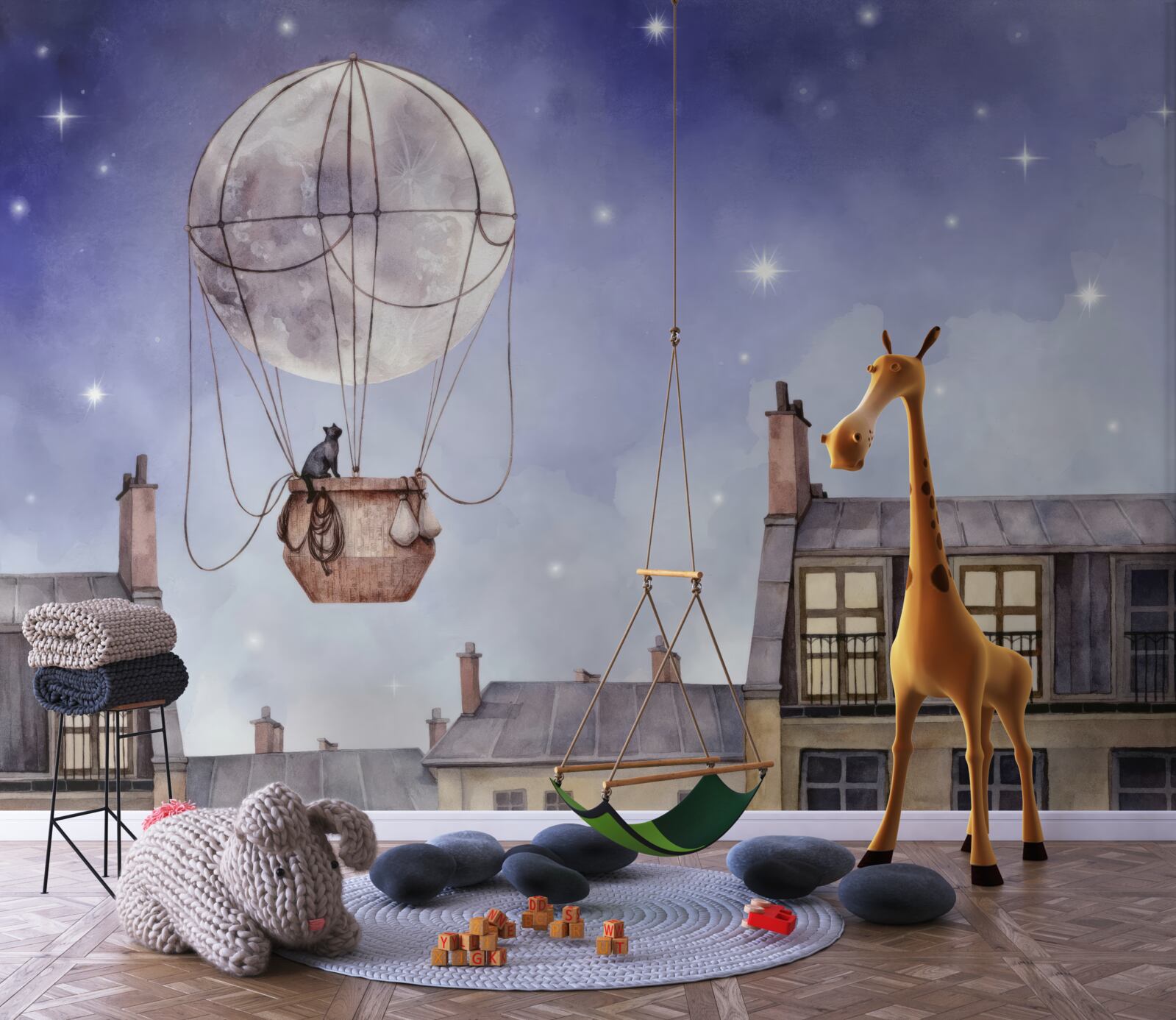 Fototapeta mačka lieta ponad domy v balóne