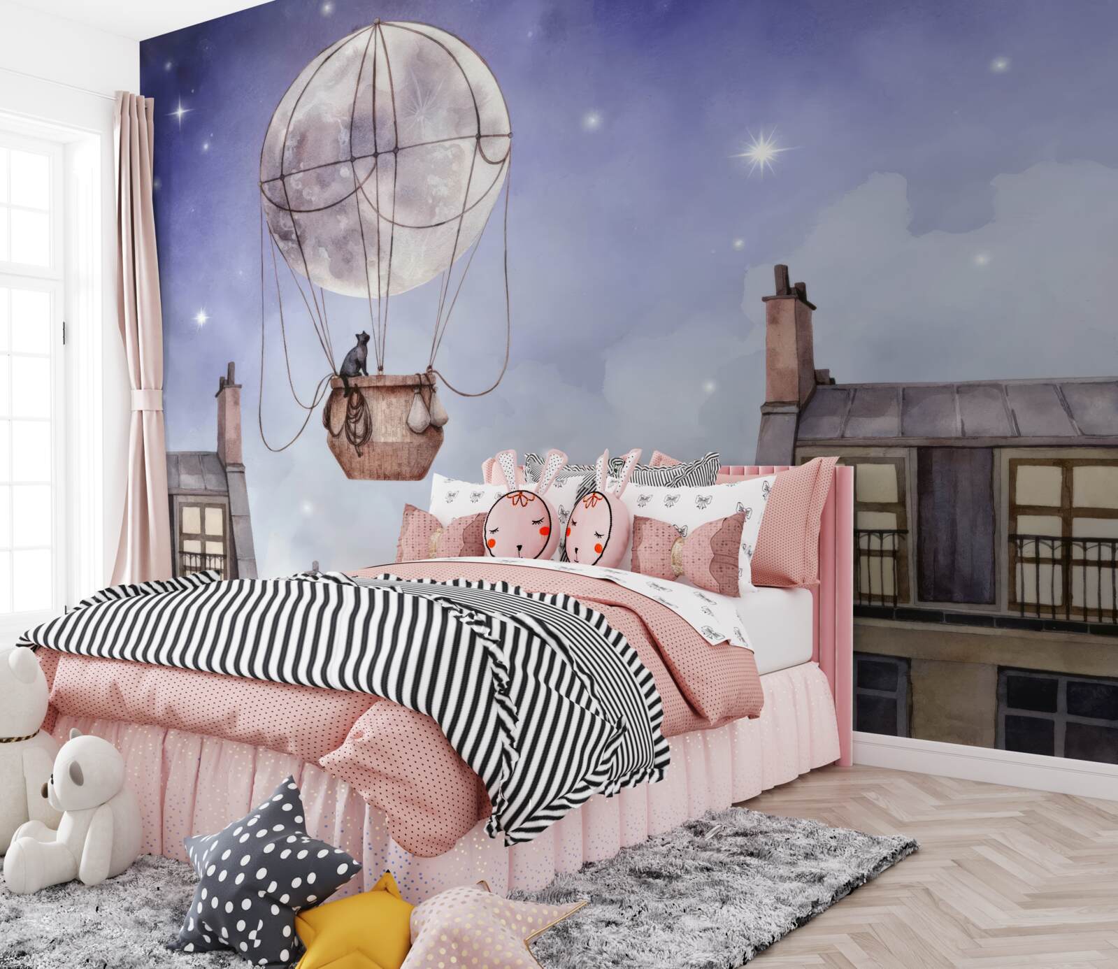 Fototapeta mačka lieta ponad domy v balóne