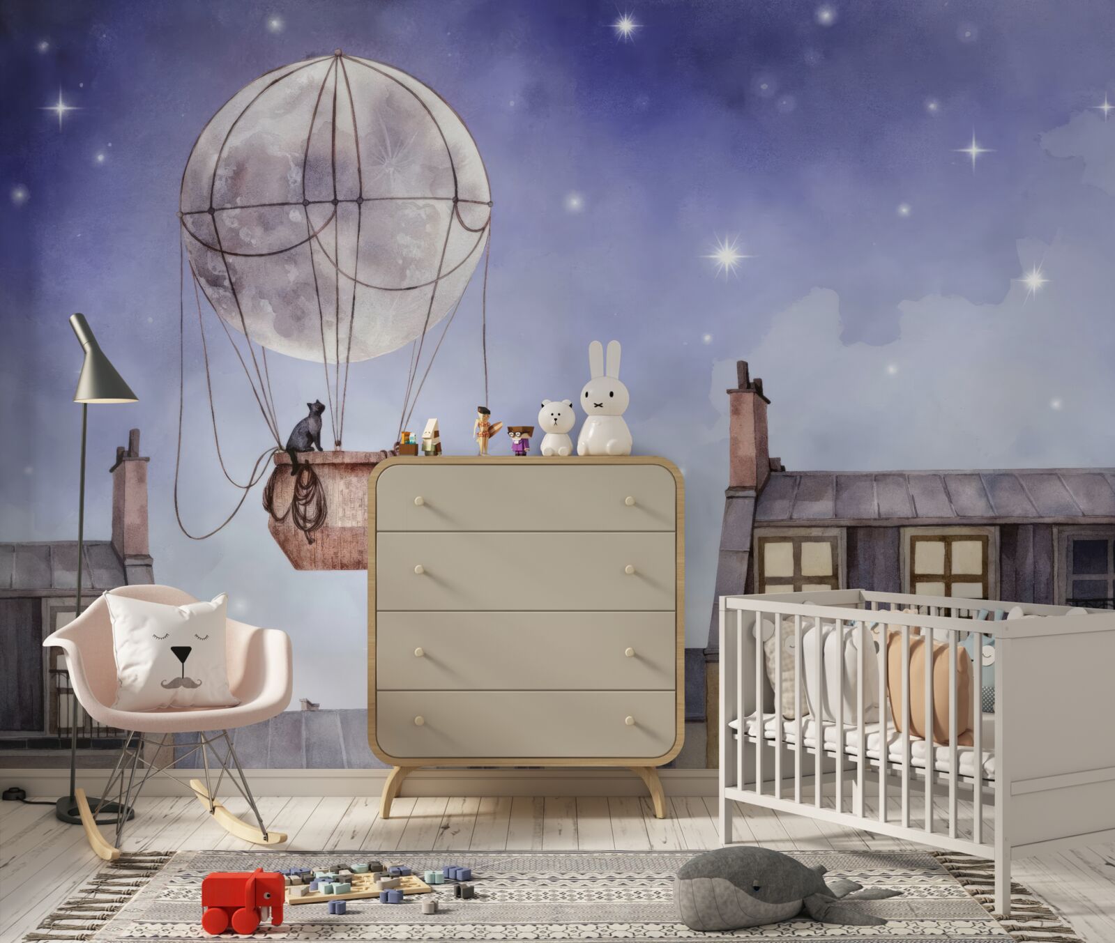 Fototapeta mačka lieta ponad domy v balóne