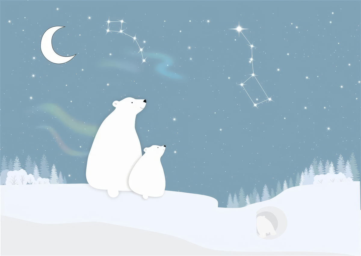 Fototapeta medvedica a jej mláďatá pozerajú na hviezdy