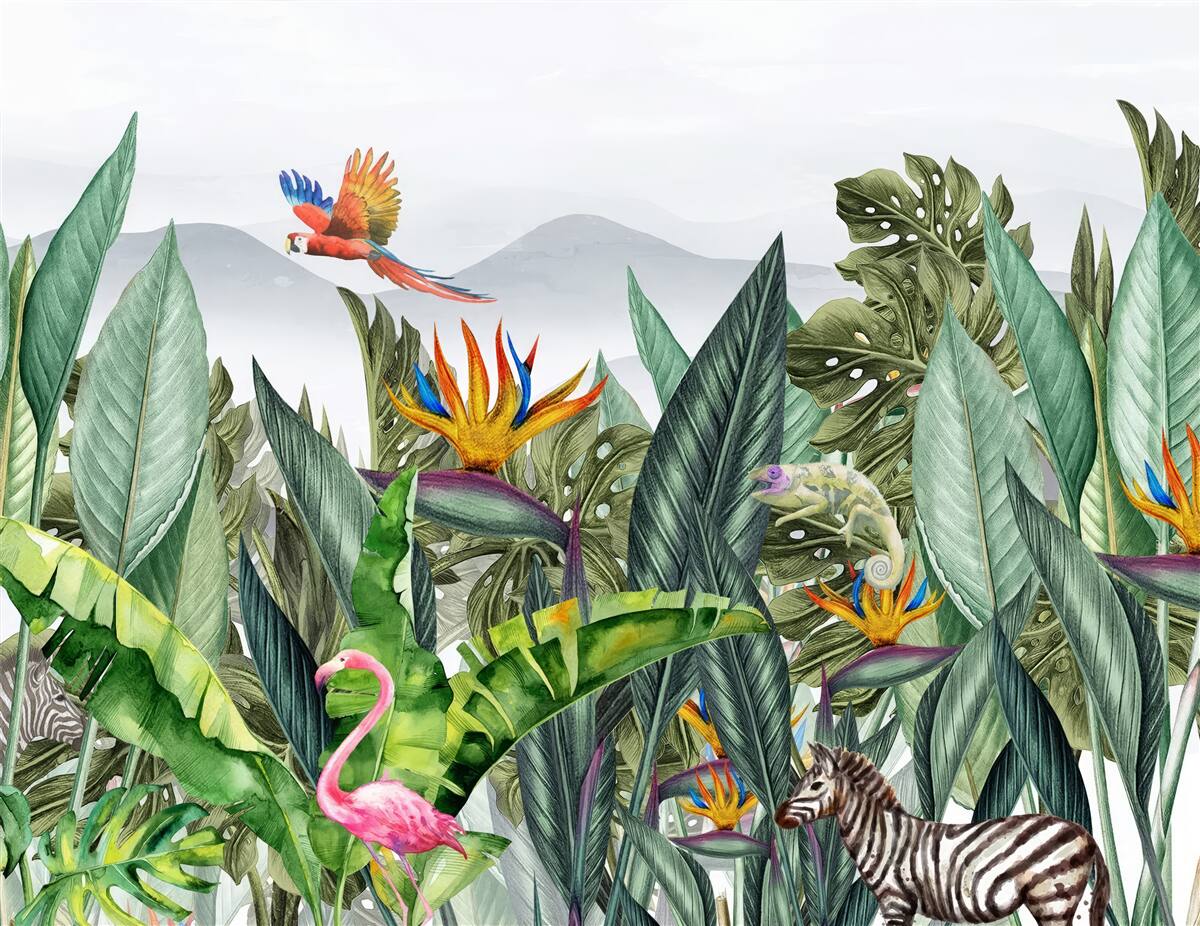 Fototapeta rôzna zeleň so zvieratami a vtákmi