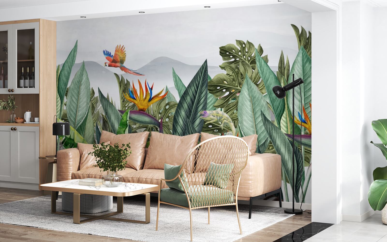 Fototapeta rôzna zeleň so zvieratami a vtákmi