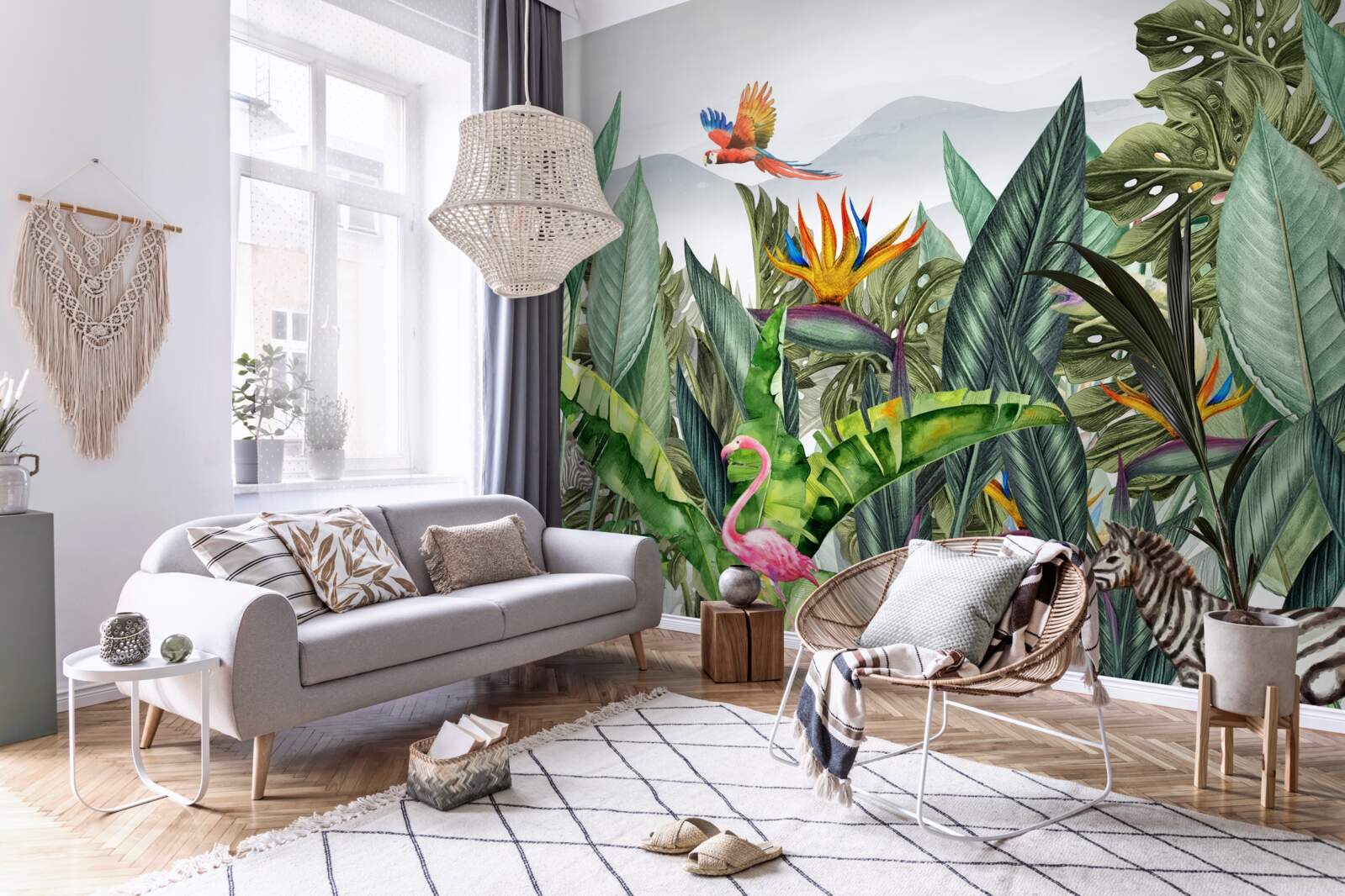 Fototapeta rôzna zeleň so zvieratami a vtákmi