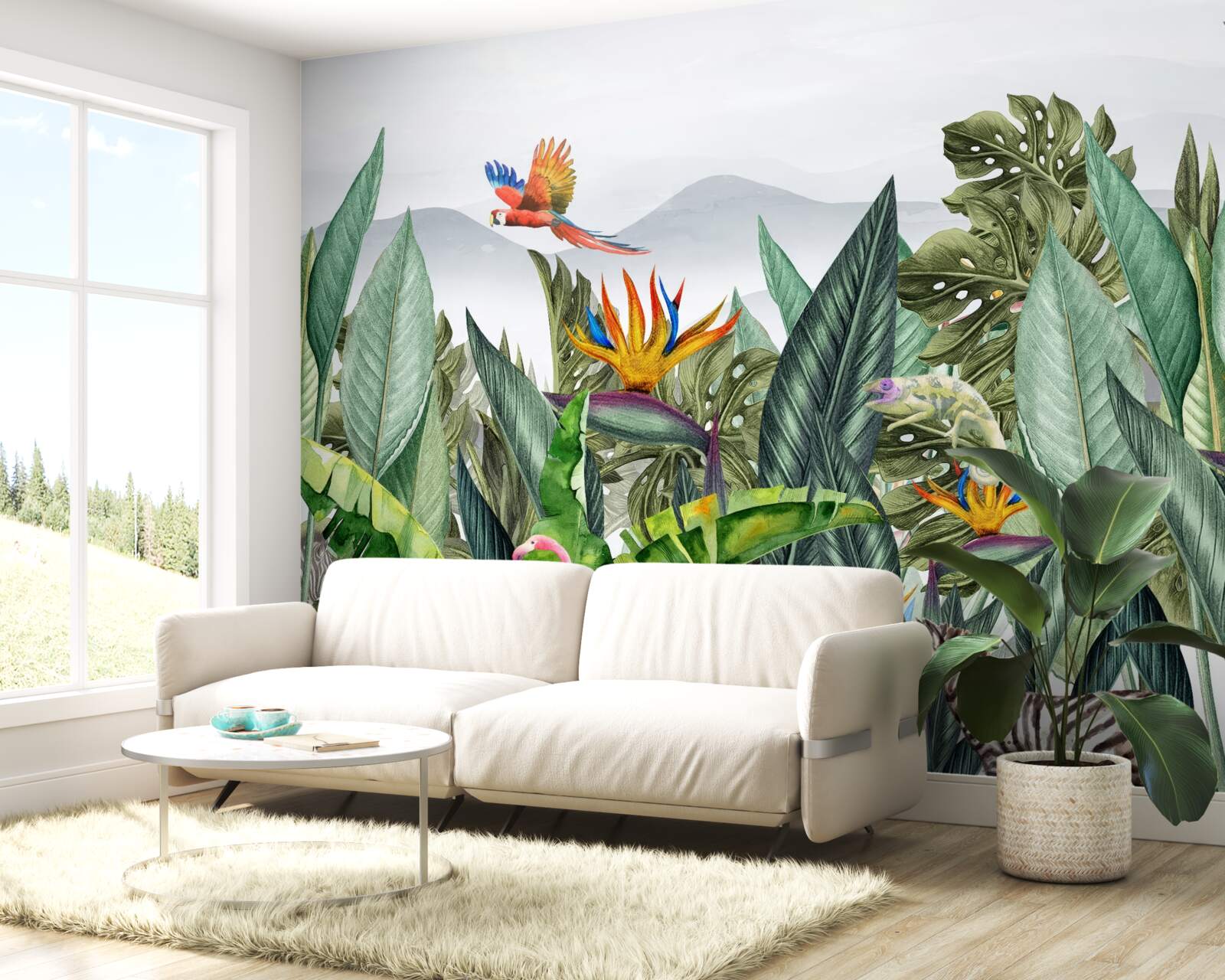 Fototapeta rôzna zeleň so zvieratami a vtákmi