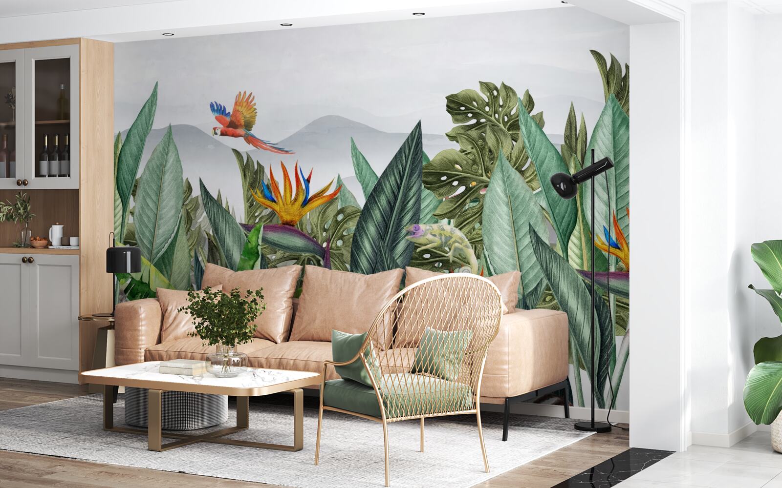 Fototapeta rôzna zeleň so zvieratami a vtákmi