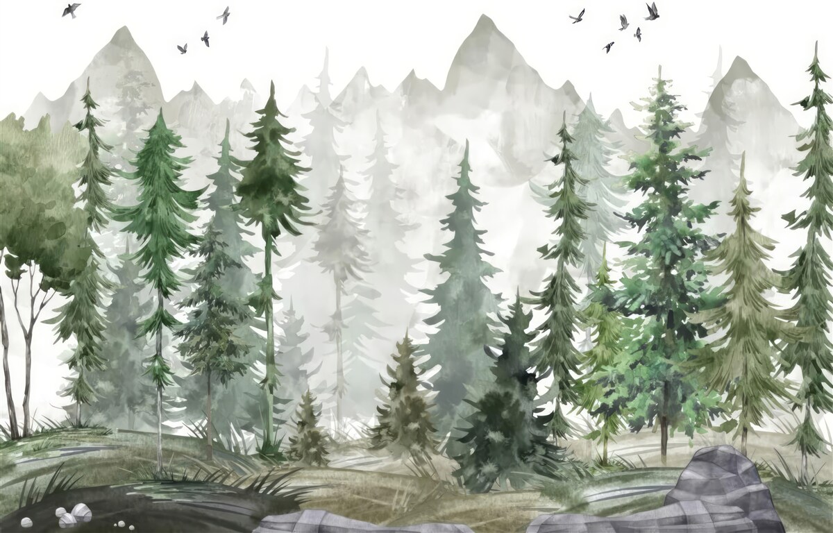 Fototapeta les a hory maľované akvarelom