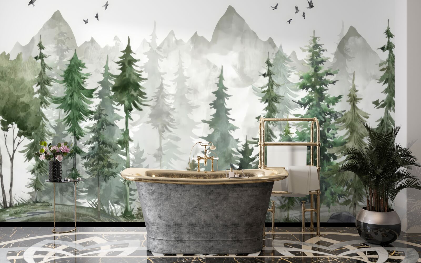 Fototapeta les a hory maľované akvarelom