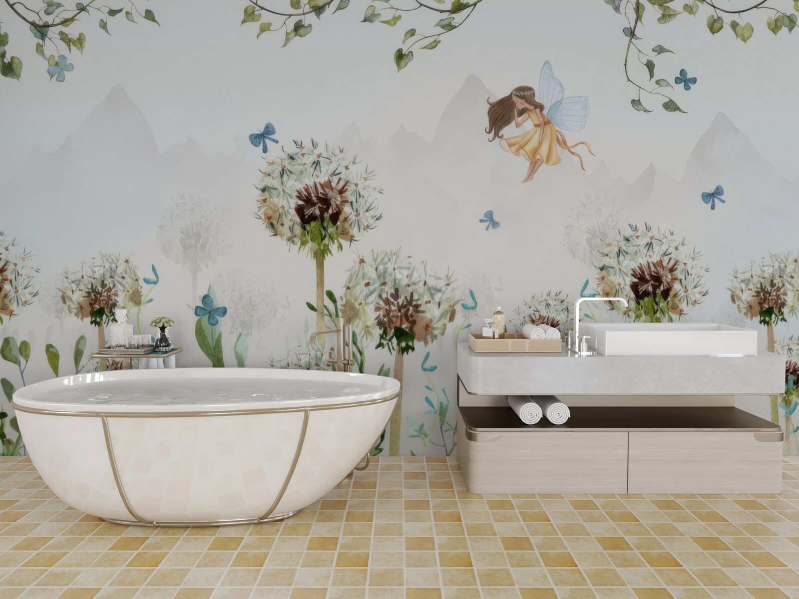 Fototapeta víla sa vznáša nad kvetmi