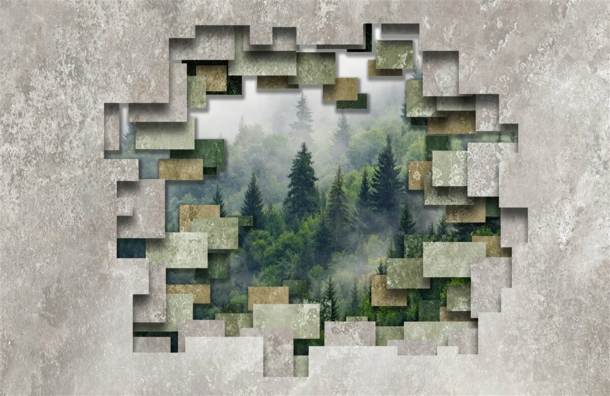 Fototapeta Múr v ruinách a ihličnaté stromy v lese