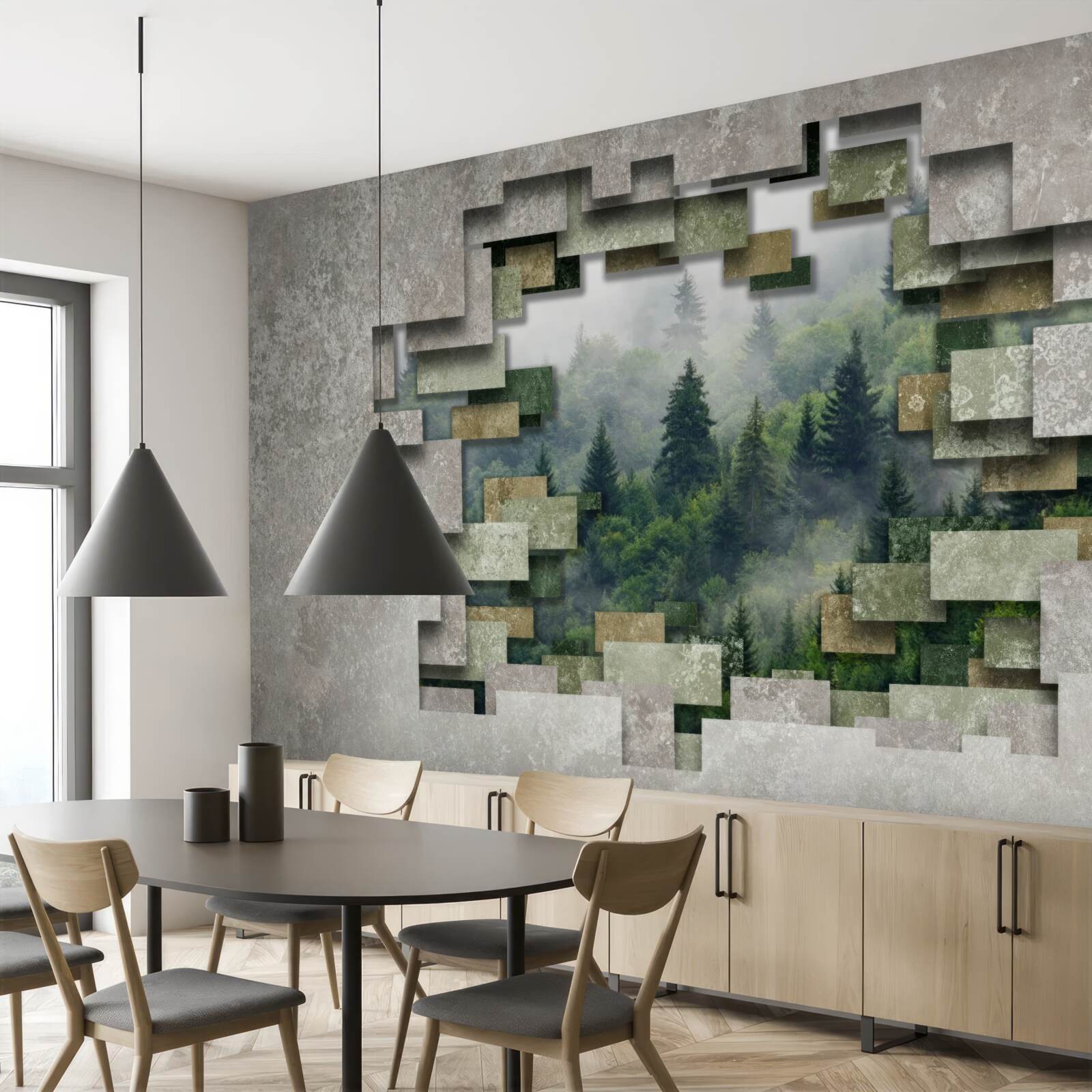 Fototapeta Múr v ruinách a ihličnaté stromy v lese