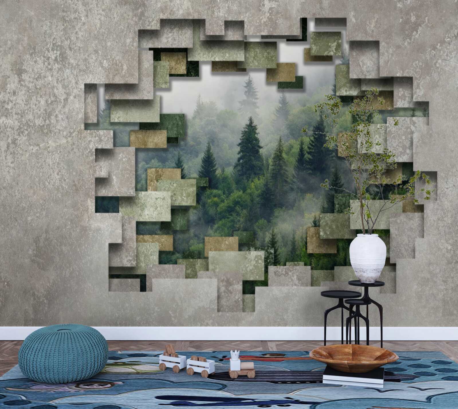 Fototapeta Múr v ruinách a ihličnaté stromy v lese