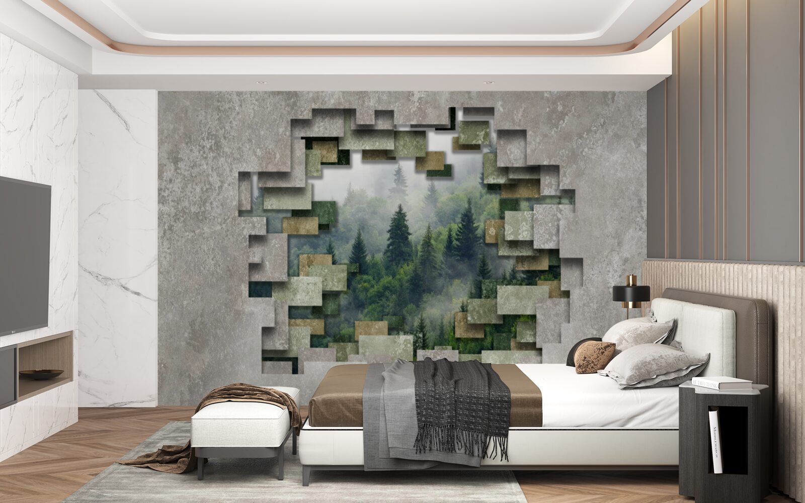 Fototapeta Múr v ruinách a ihličnaté stromy v lese