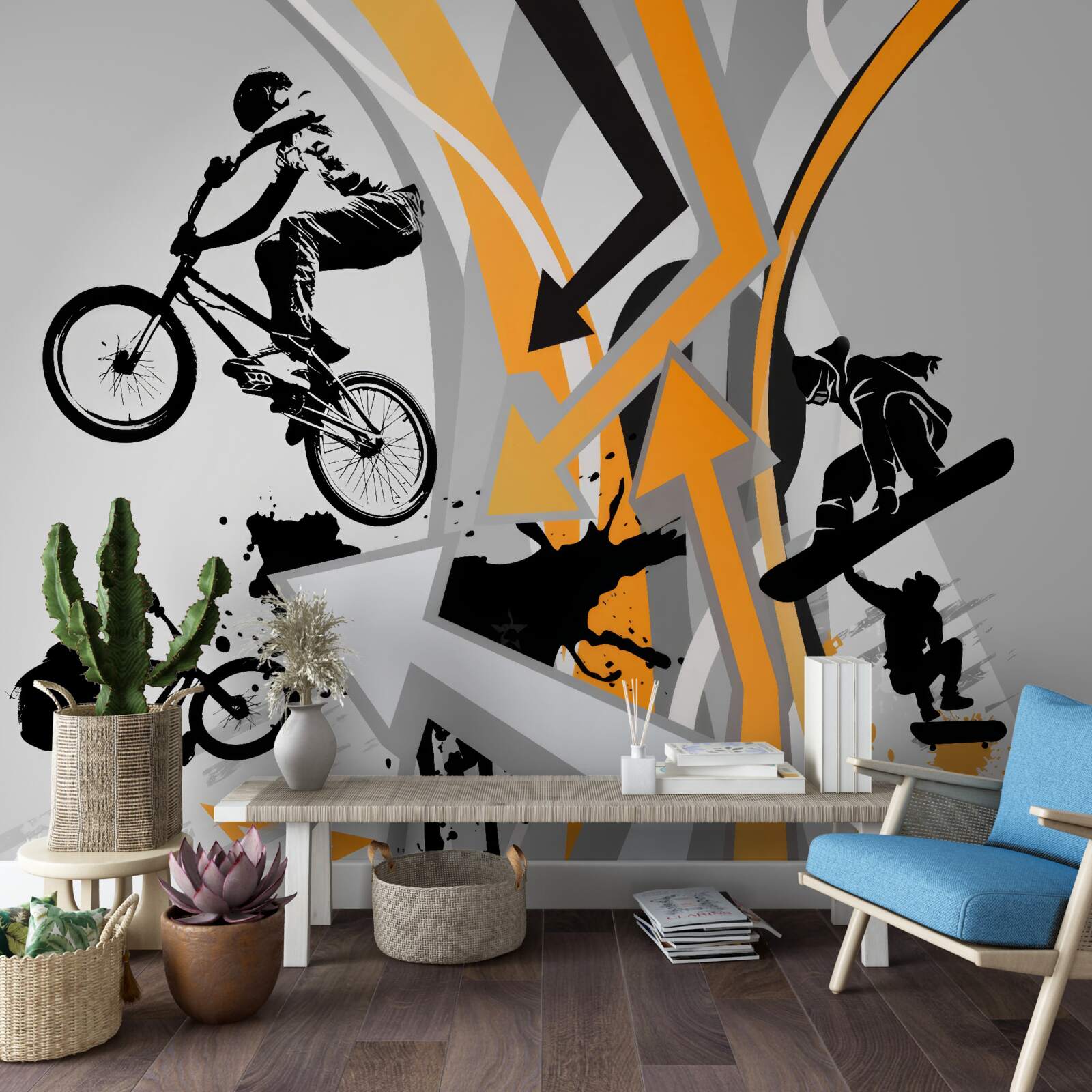 Fototapeta mladí ľudia jazdia na bicykli a skateboarde