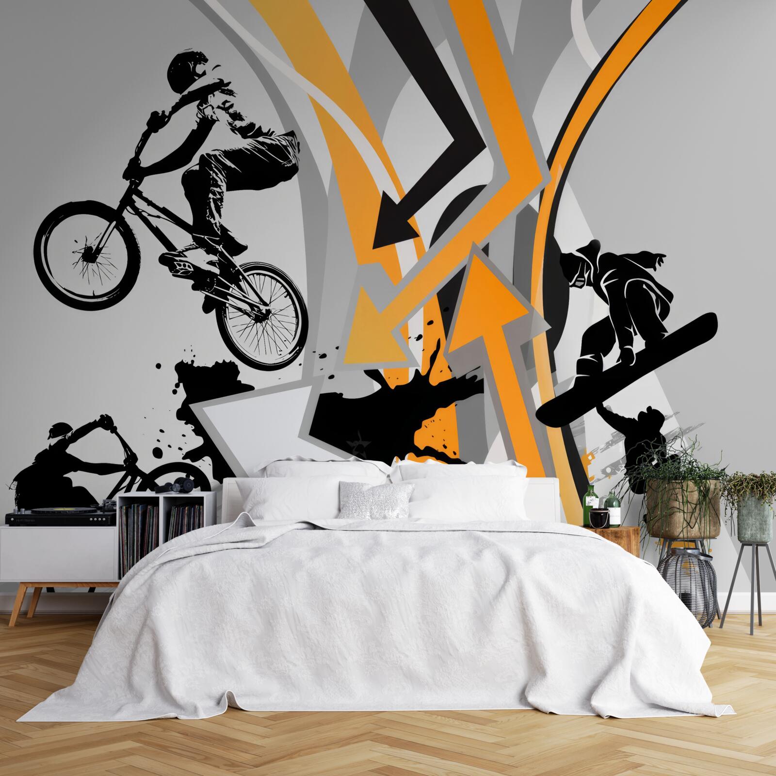 Fototapeta mladí ľudia jazdia na bicykli a skateboarde