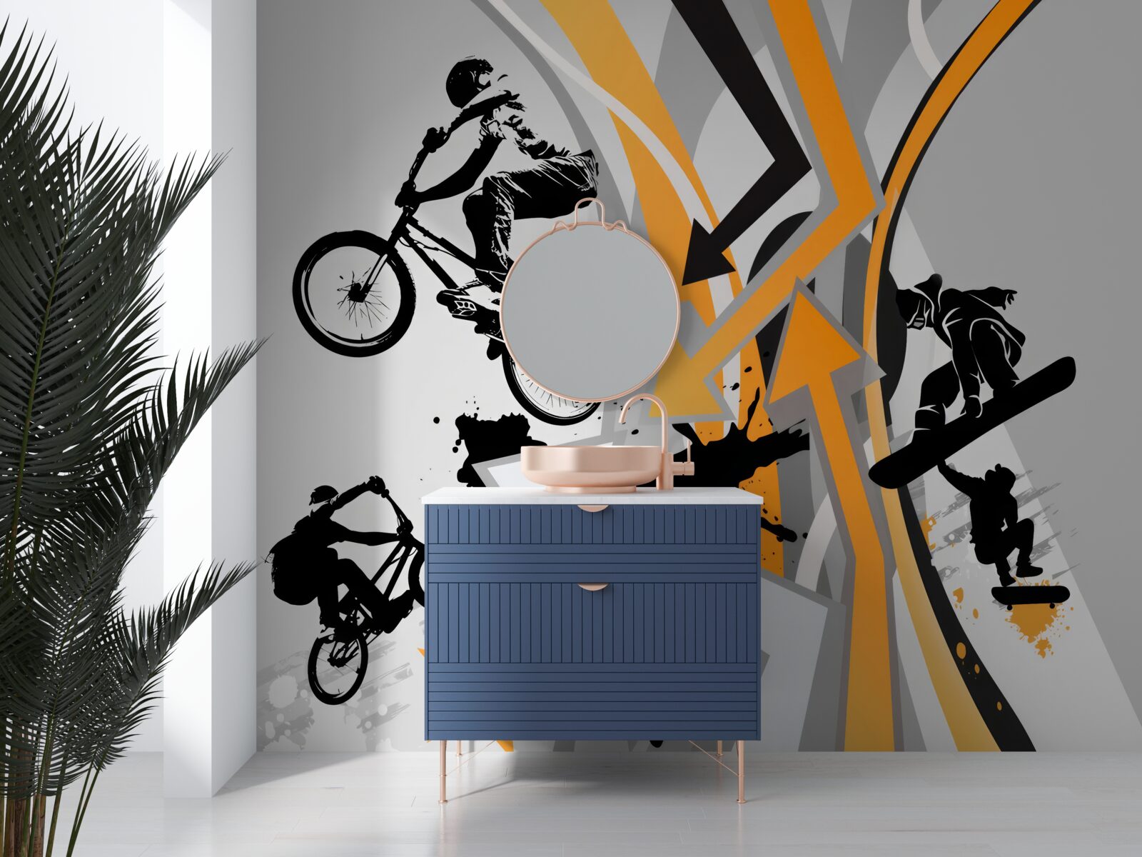 Fototapeta mladí ľudia jazdia na bicykli a skateboarde